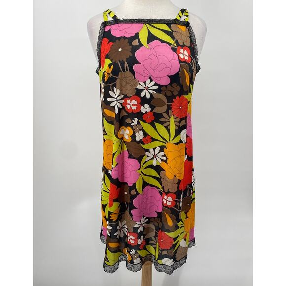 Vintage 60s Floral Slip Negligee Mini Dress Lace Trim Double Strap Womens M - Picture 2 of 7
